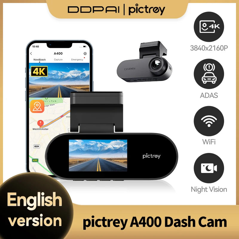 Pictrey A400 Caméra Embarquée 4K Ultra HD ADAS WiFi Écran IPS 1.9'' Vision Nocturne