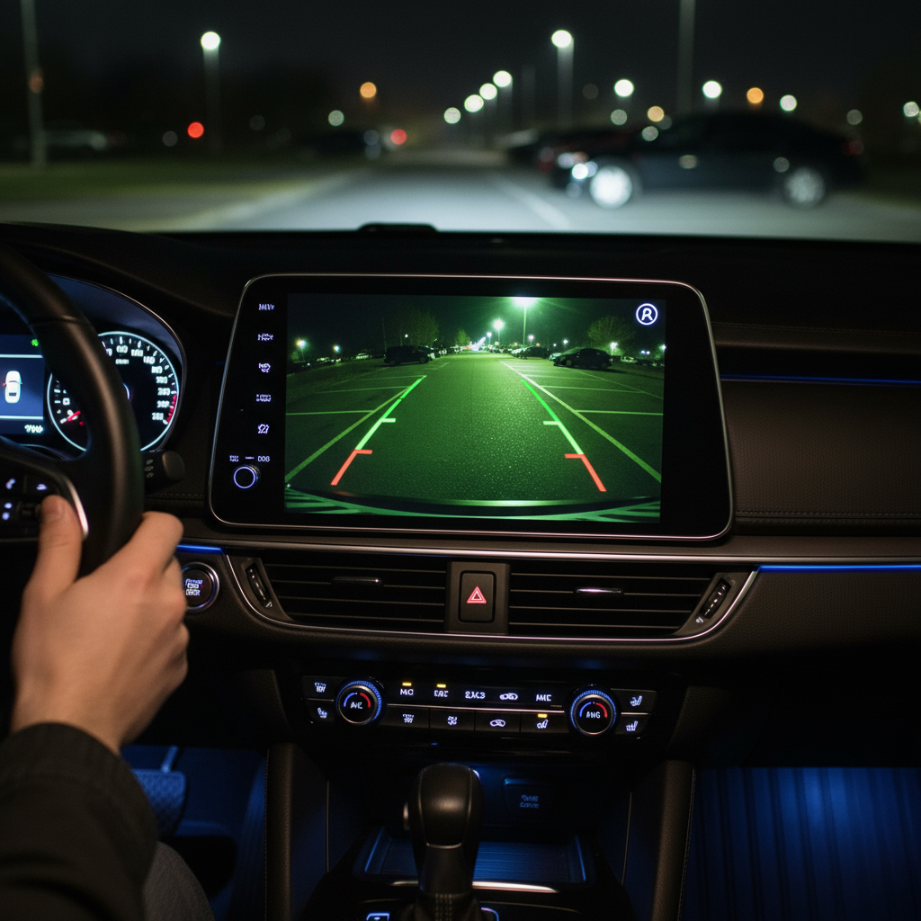 Caméra de recul en action avec vision nocturne sur l'écran du tableau de bord
