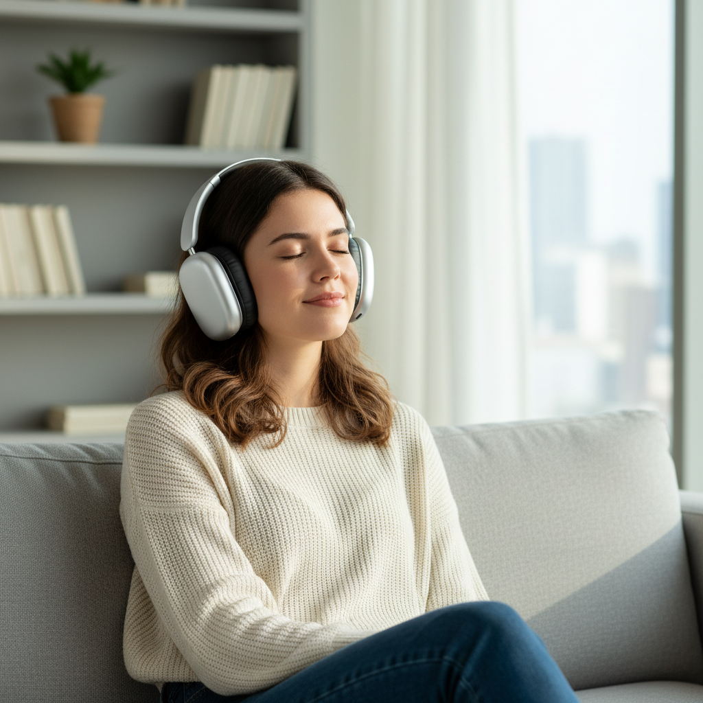 Femme écoutant de la musique avec casque Bluetooth