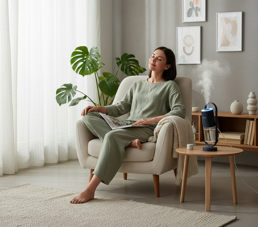 Femme détendue avec humidificateur