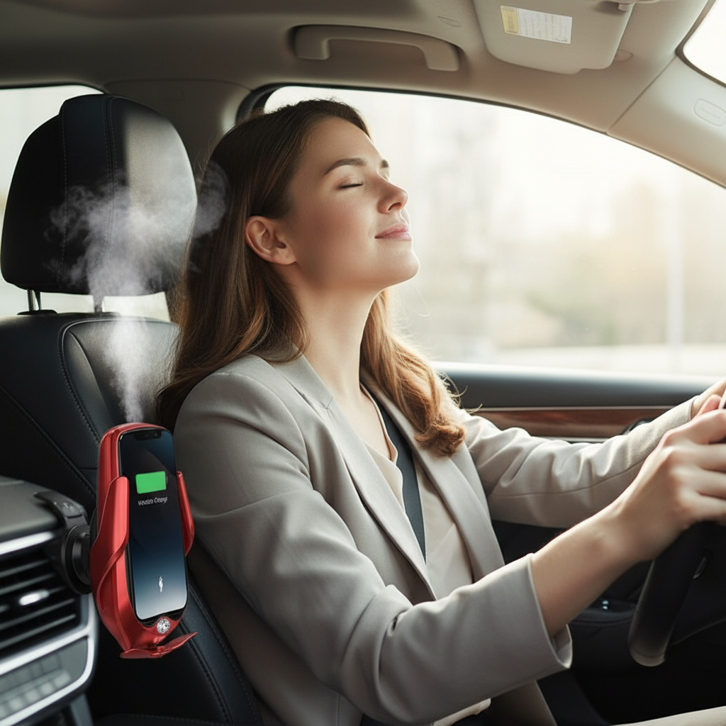 Femme profitant de l'aromathérapie en voiture