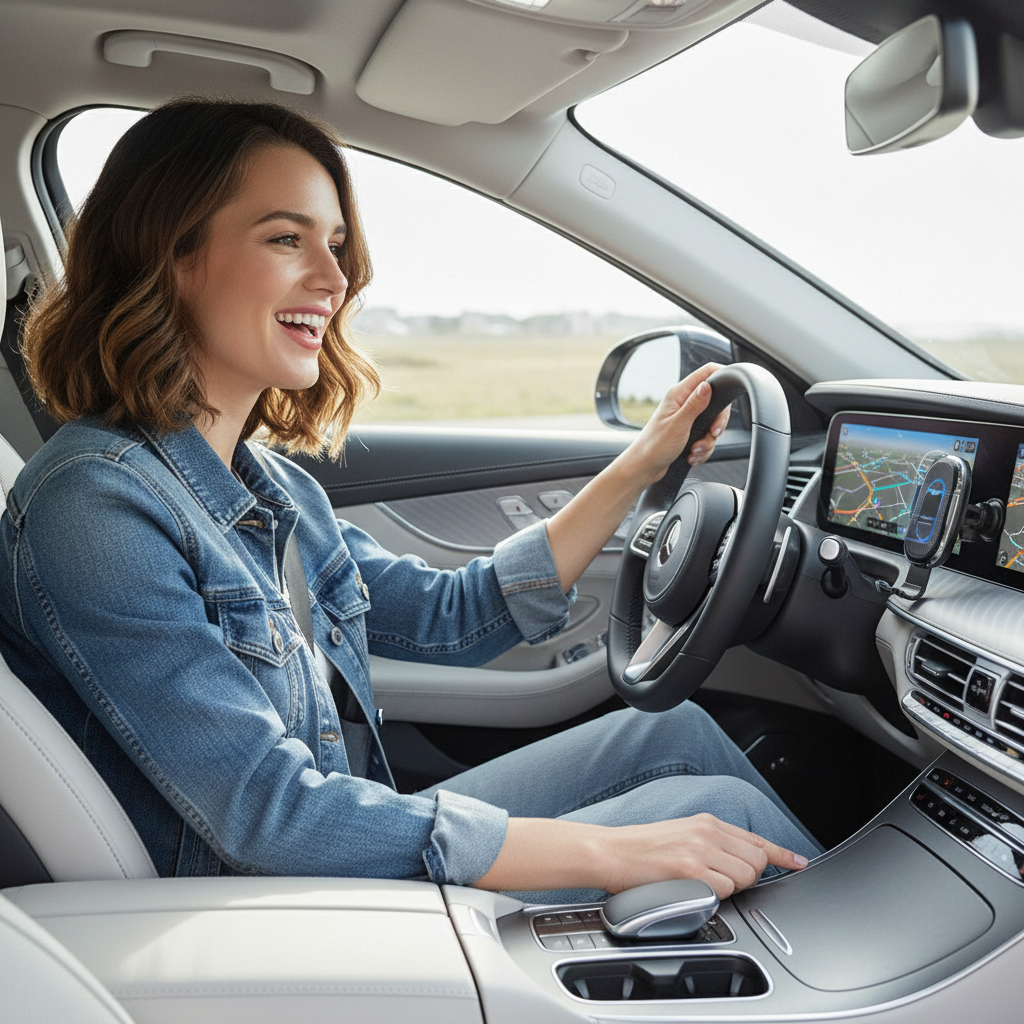 Femme utilisant le support chargeur sans fil dans sa voiture