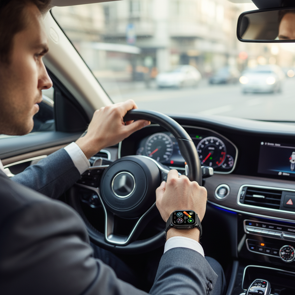 Homme conduisant avec la smartwatch T900 Ultra 2 noire