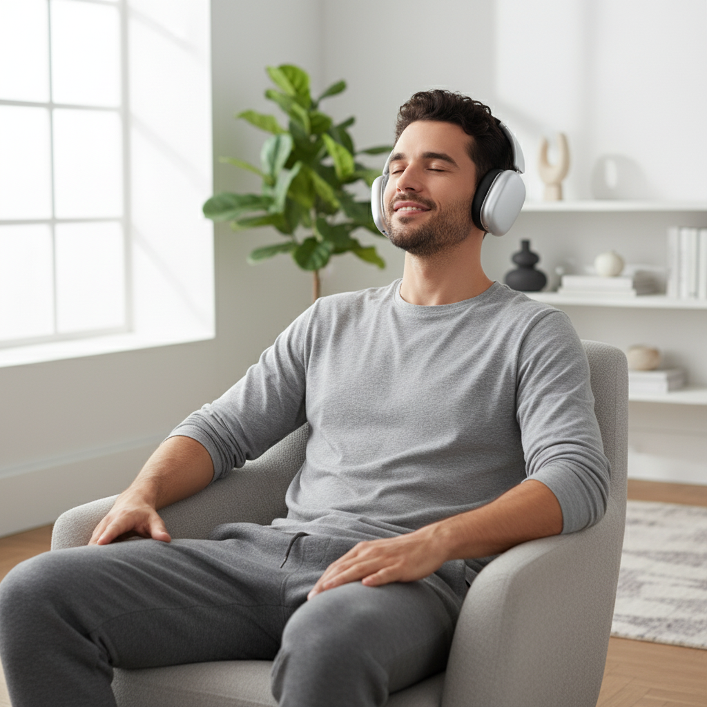 Homme écoutant de la musique avec casque Bluetooth