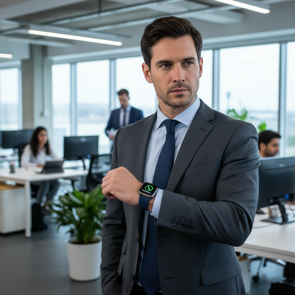 Homme d'affaires avec Apple Watch Series 7 Bleu