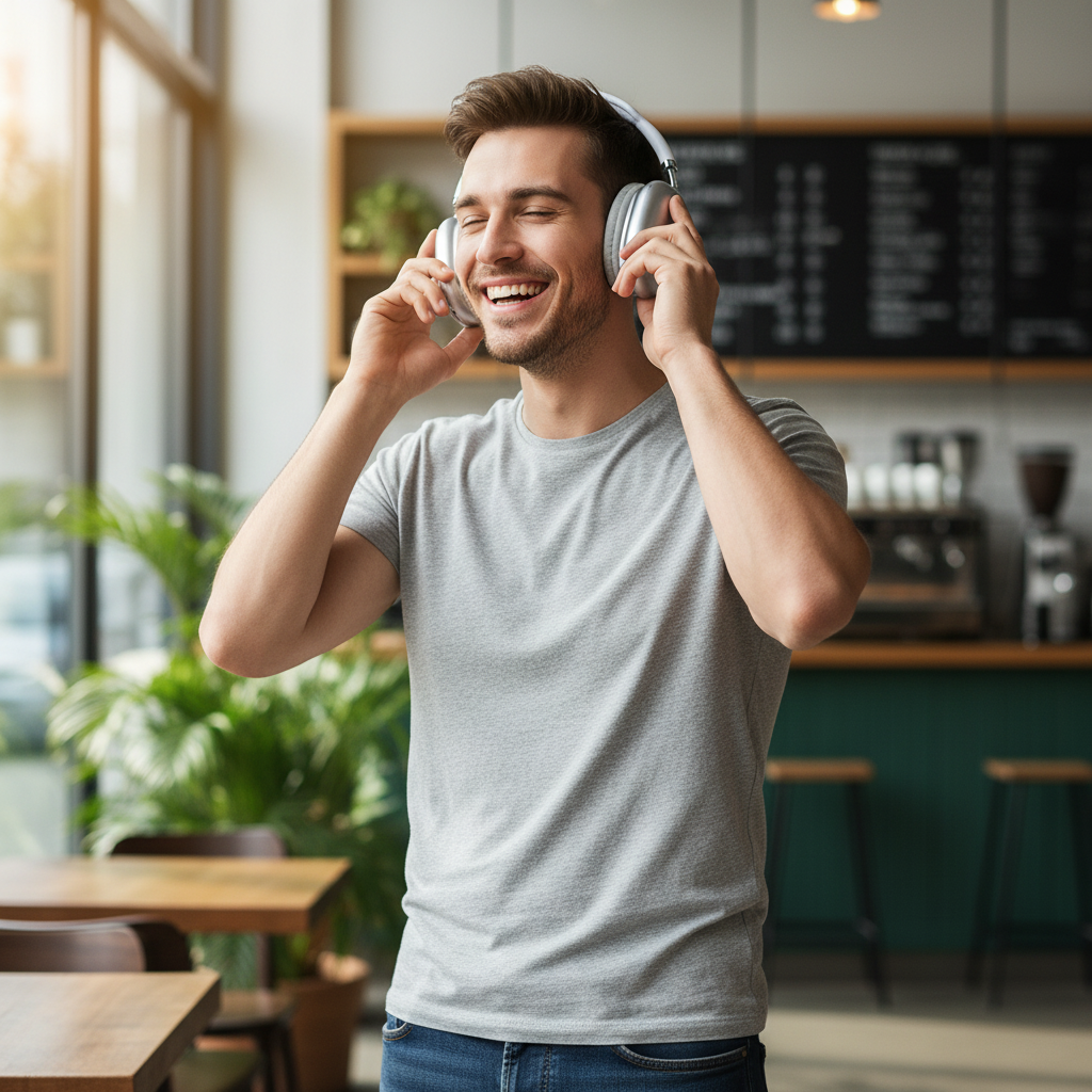 Homme joyeux avec casque Bluetooth P9
