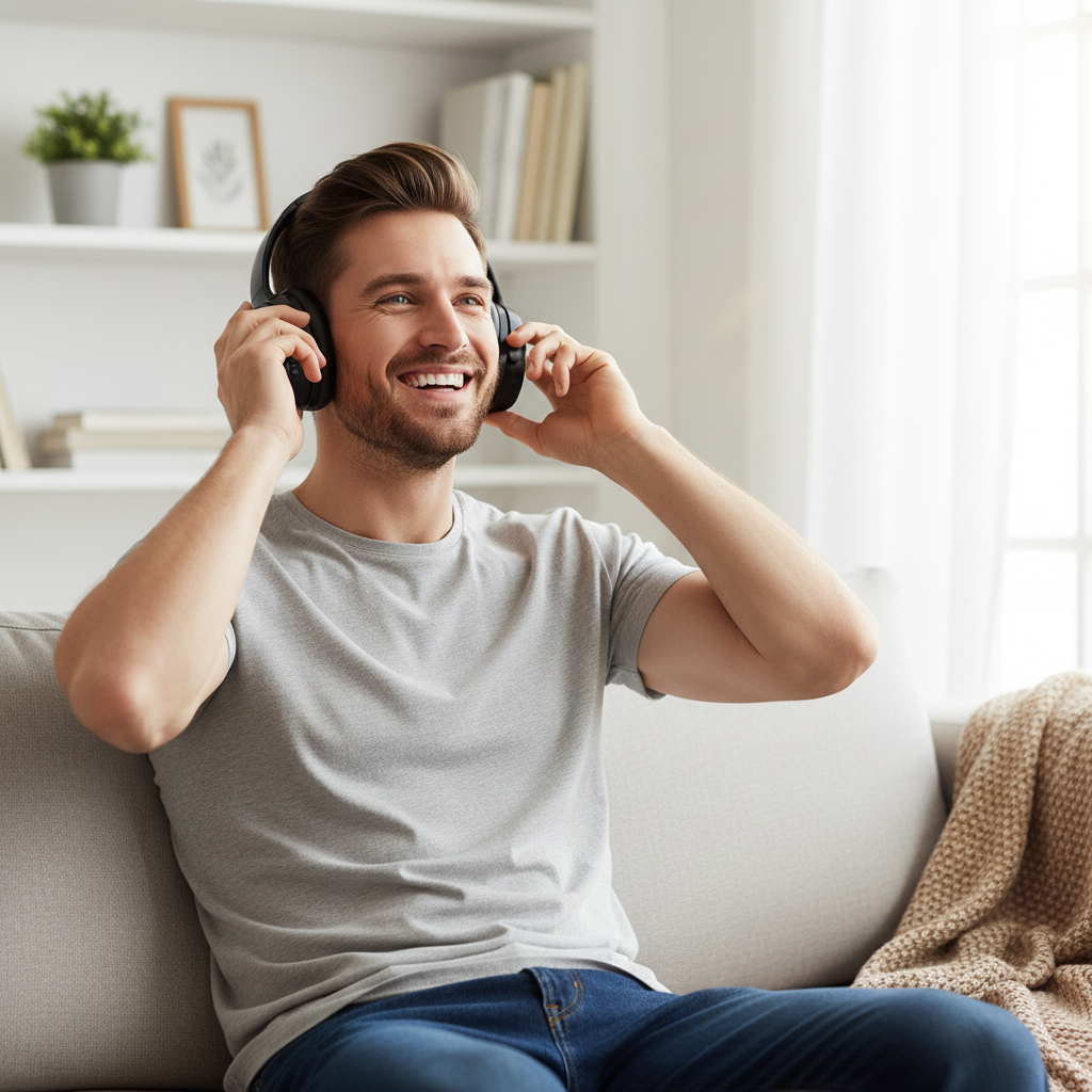 Homme joyeux avec casque Bluetooth réduction de bruit