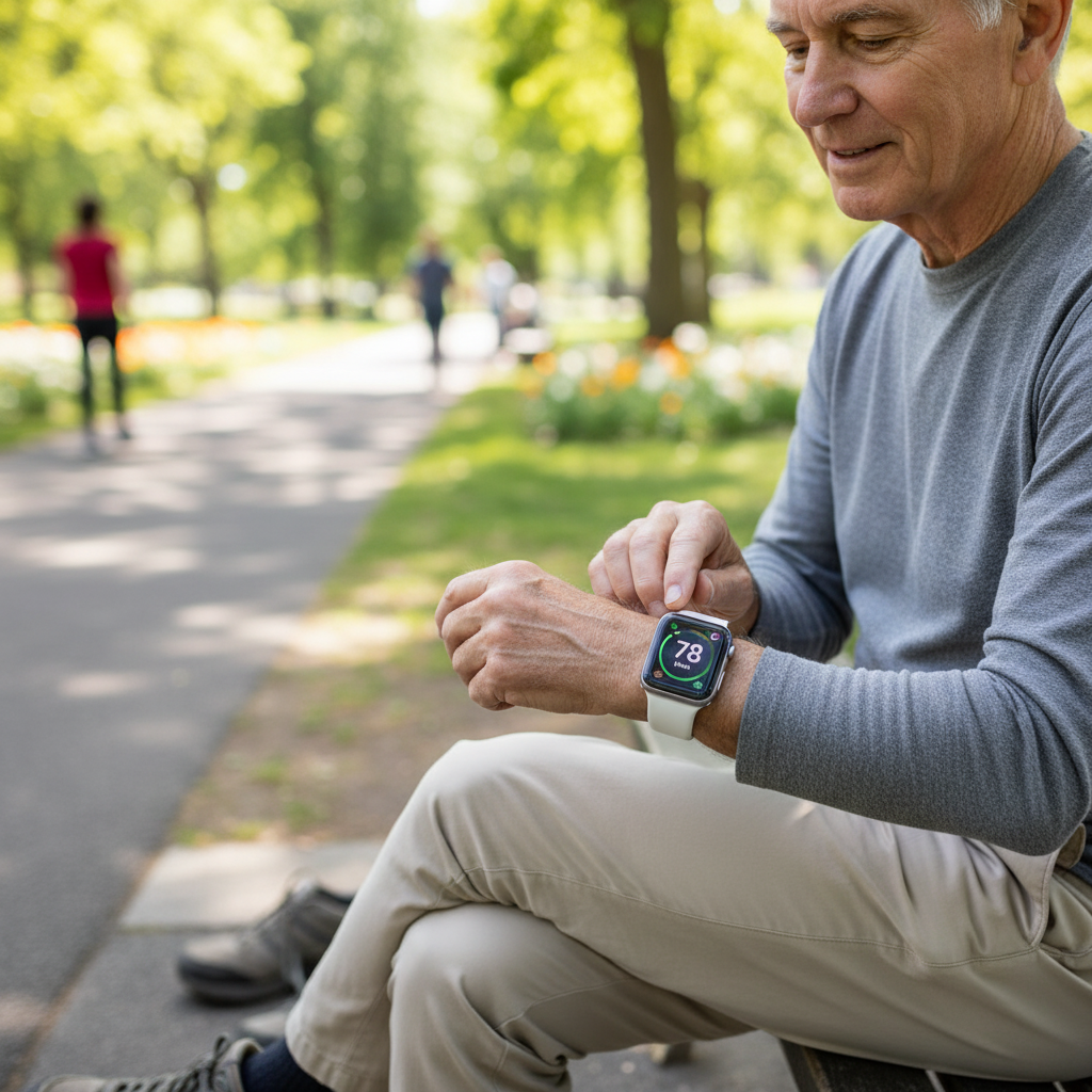 Homme senior avec Apple Watch Series 4 Argent