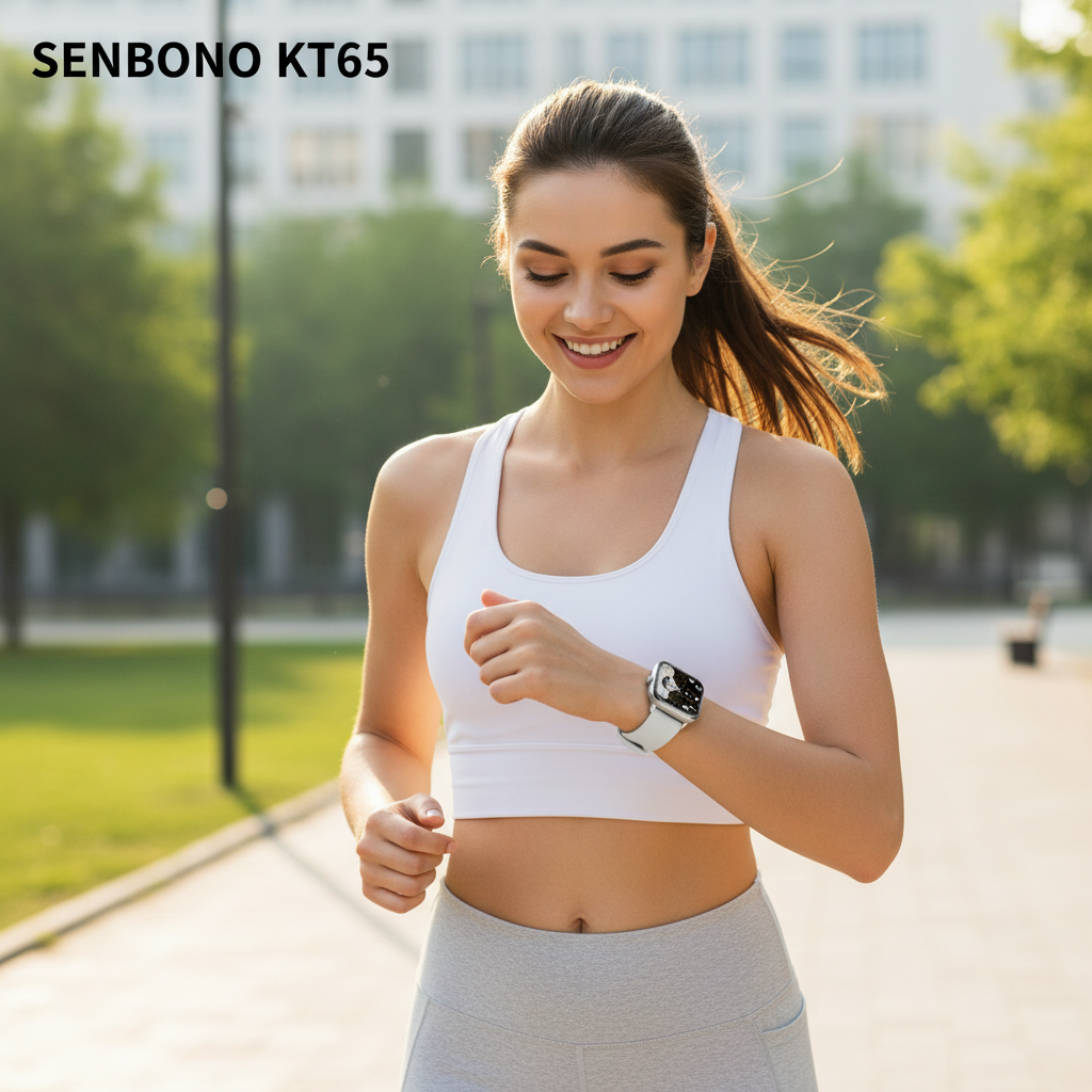 Jeune femme qui court avec SENBONO montre connecté Blanche