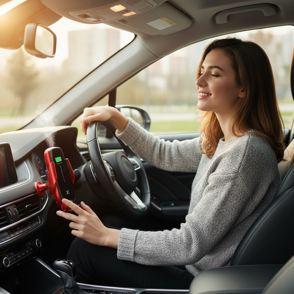Jeune femme satisfaite utilisant le chargeur sans fil