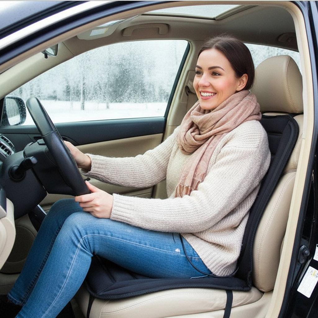 Jeune femme souriante avec coussin chauffant