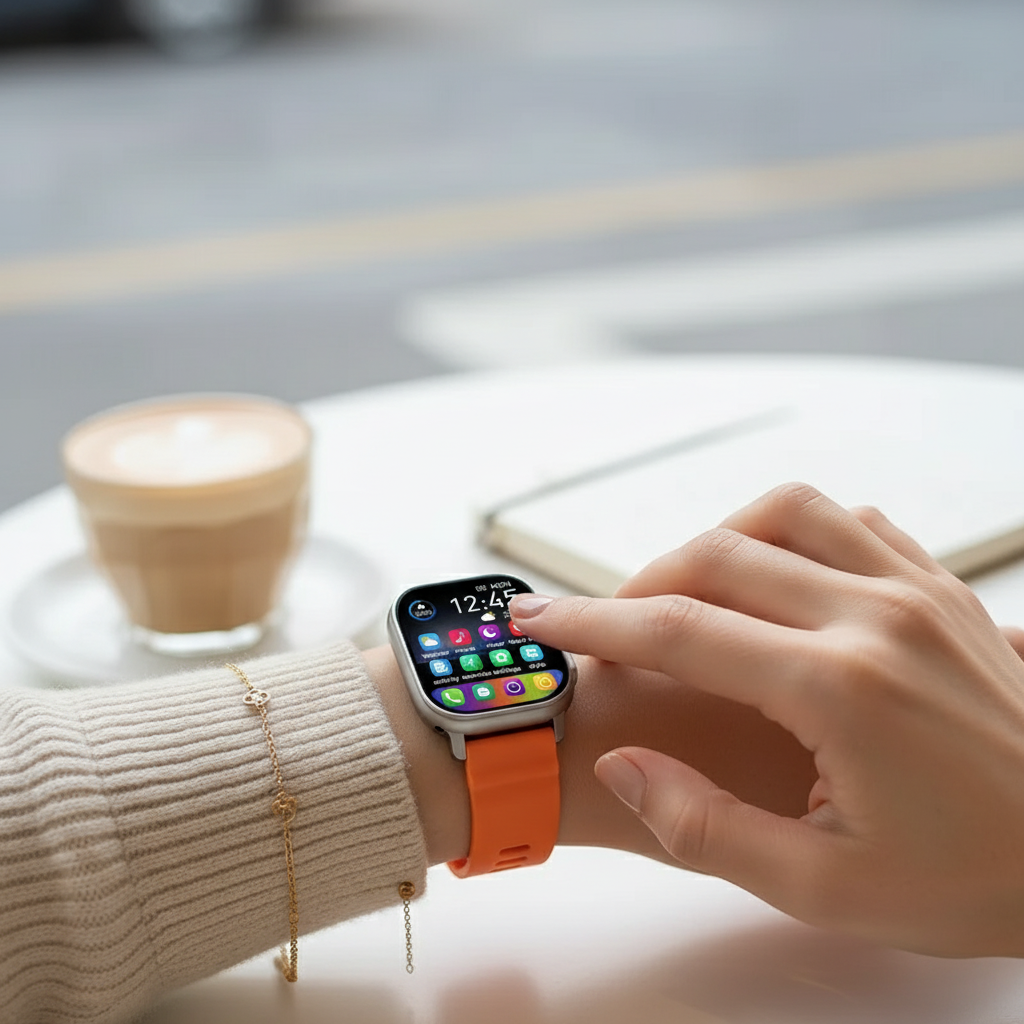 Femme portant la smartwatch T900 Ultra 2 montre connectée fonction multiple