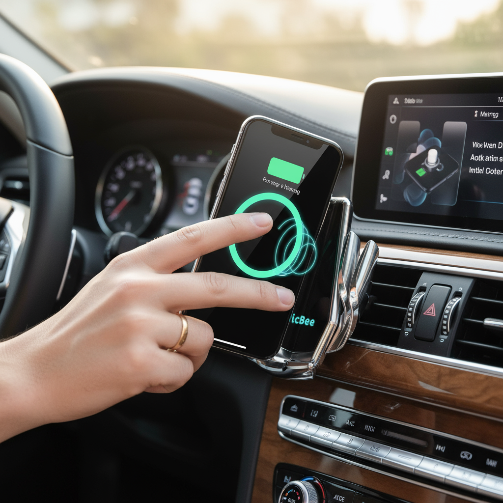 Main plaçant téléphone sur chargeur sans fil voiture