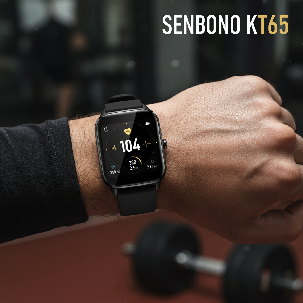 Gros plan SENBONO Noire sur homme sportif montre connecté compatible iphone et android 