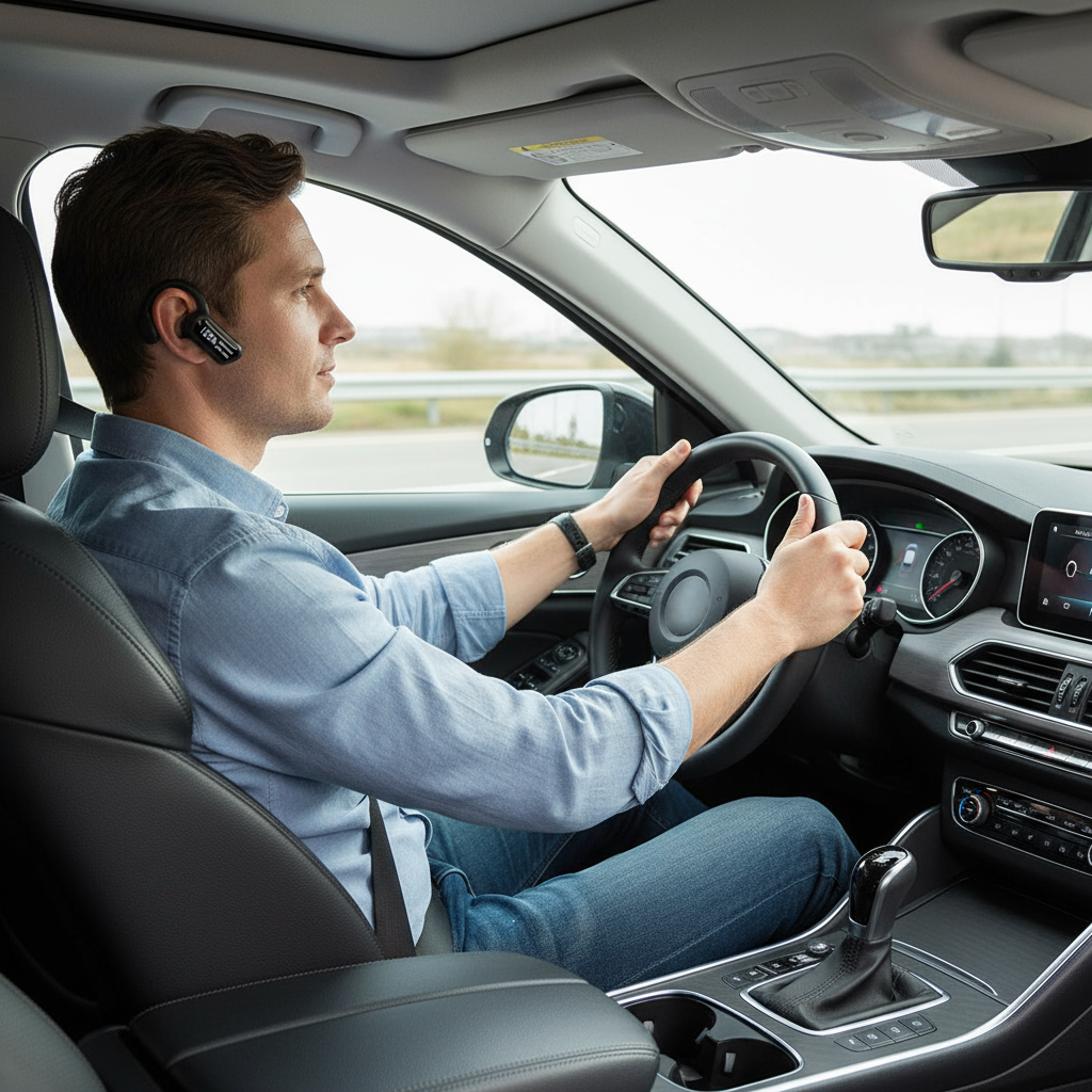 Personne en voiture avec casque conduction osseuse