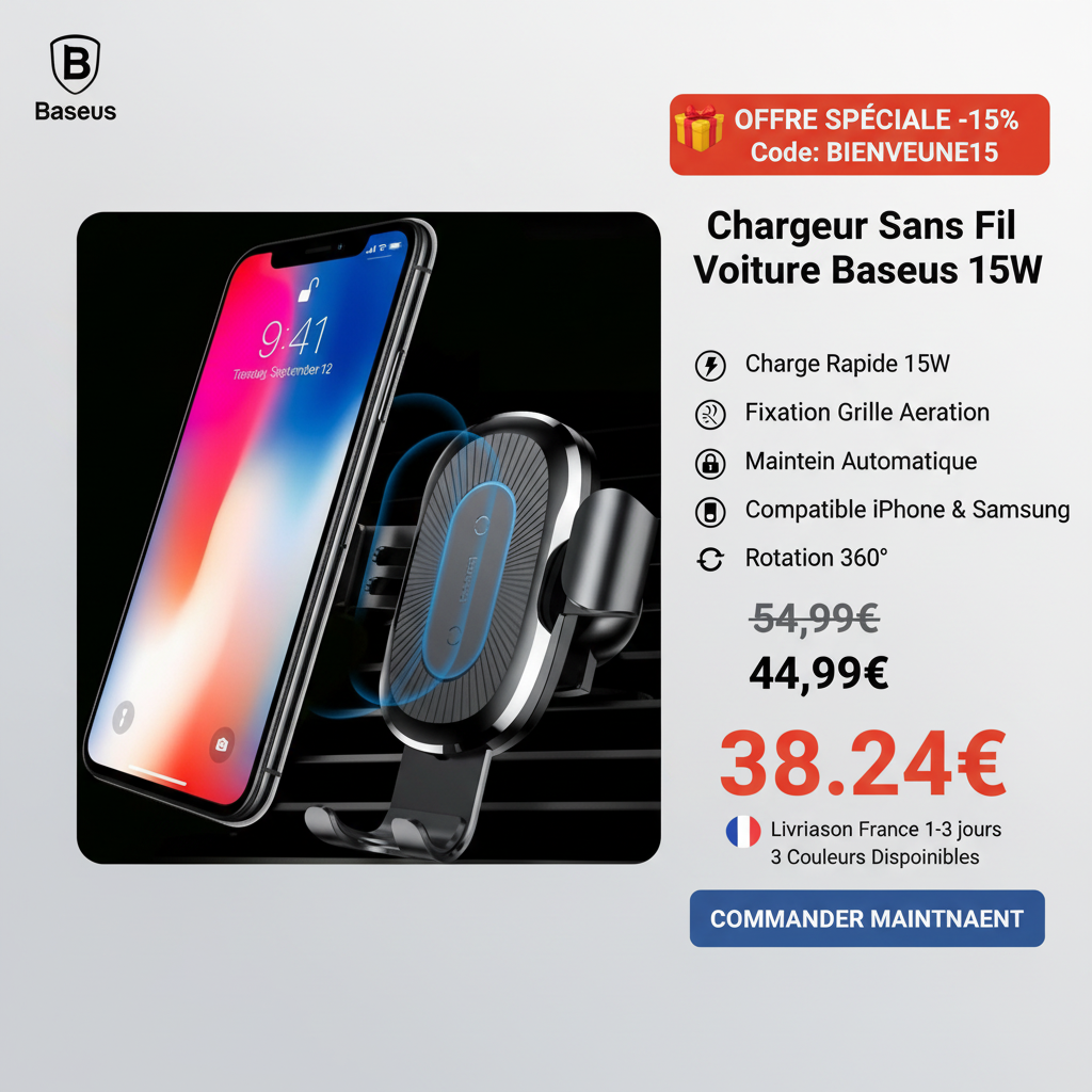 Publicité Chargeur Baseus sans fil auto 