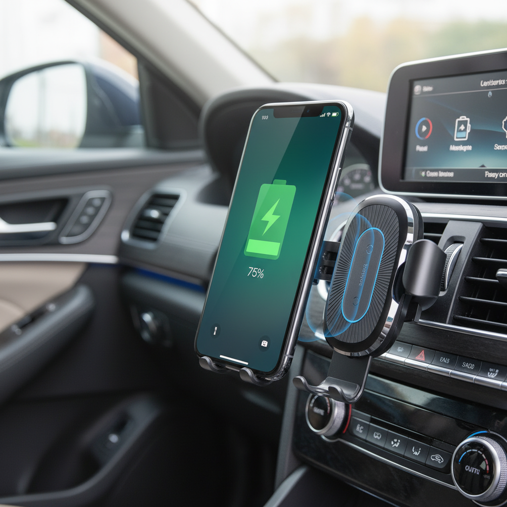 Téléphone en charge sur le support sans fil voiture